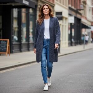 Chiaramente Italy Knit Cardigan Jacket Blazer Blue Herringbone Textured L preppy